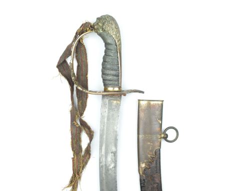 An 1803 Pattern Infantry Officer's sword, 71cm sharply curved blade decorated with scrolling foliage, a flaming grenade, crow