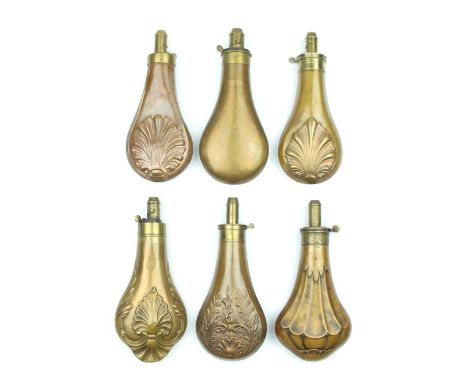 Six Various Embossed Powder Flasks, mostly of lacquered tin and decorated with net,  an hunting scene and various scalloped e