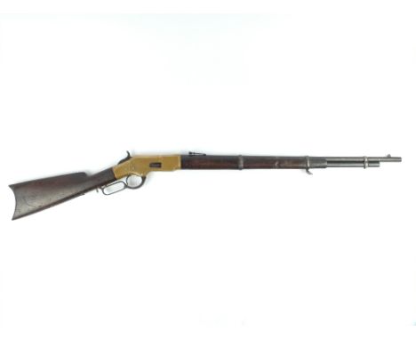 A .44 RimfireThird Model Winchester 1866, 26.25inch sighted barrel fitted with a rear ladder sight, address and patent detail