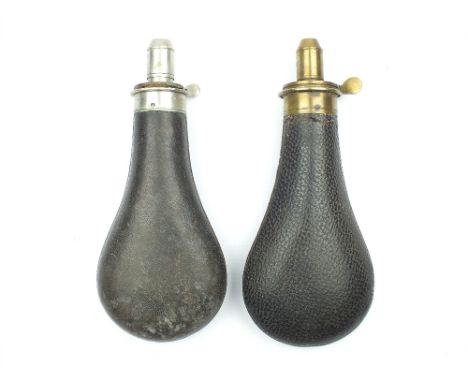 Two Rifle Powder Flasks, the first by James Dixon & Sons, white metal top and nozzle with leather covered body, the second ma