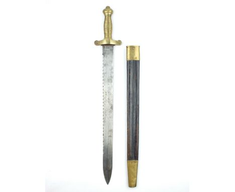 A 19th Century Swiss Pioneer's Sidearm, 52cm saw backed blade by NEUHAUSEN, regulation brass hilt with ribbed grip, contained