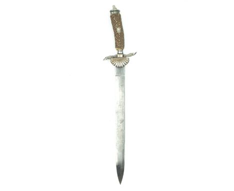 A Third Reich Forestry Official's Hunting Hanger, 35cm blade etched with hunting scenes, plated brass hilt with downturned sh