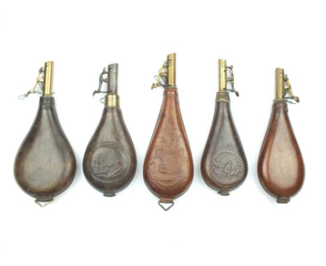 Five Various Leather Shot Flasks, the first embossed with a Pheasant to either side, the next two with hunting scenes, the re