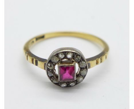 An 18ct gold, old cut diamond and red stone ring, 1.8g, K