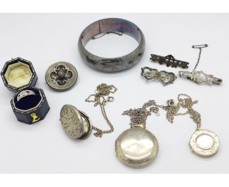 Silver jewellery; three lockets, an opal set ring, four brooches and a bangle, (Mizpah brooch a/f)