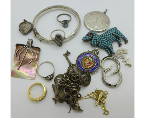 Silver jewellery, a silver and enamel fob and a Royal Navy charm