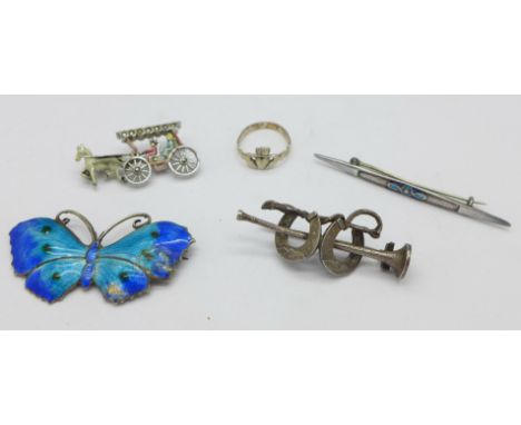 Silver jewellery including an enamelled butterfly brooch a/f, a ring, a silver and enamel brooch by Charles Horner, a/f, and 