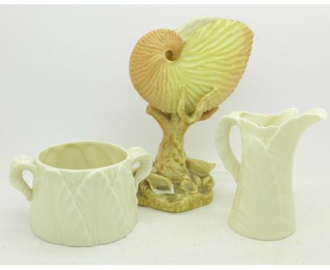 A Royal Worcester nautilus shell vase, a/f, and a Royal Worcester cream and sugar