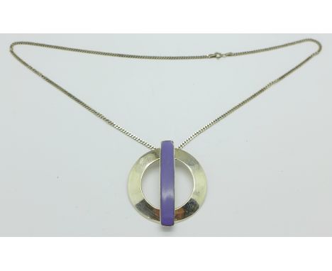 A large 925 silver and enamel pendant and chain, 25.9g