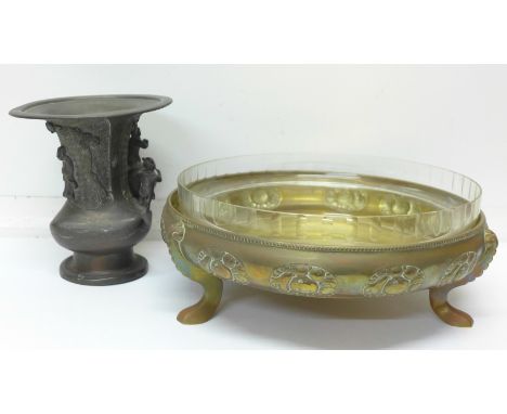 A WMF brass bowl with associated glass liner and an oriental vase, vase a/f