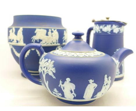 A Tunstall Adams vase, a Wedgwood Jasperware teapot and water jug, (3), vase 14.5cm
