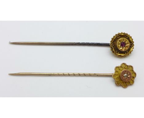 Two gold stick pins, 9ct and diamond, and 15ct and ruby