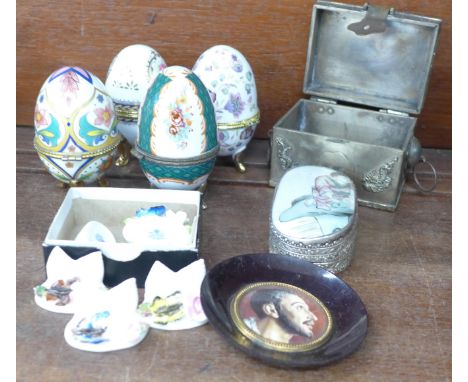 Four continental egg shaped trinket boxes, Coalport place holders, two oriental boxes and a dish