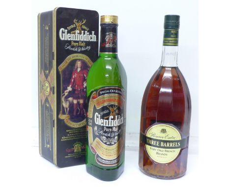 Two bottles; Glenfiddich Pure Malt Scotch Whisky, 70cl, and Three Barrels Very Old French Brandy