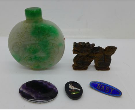 A jade scent bottle, an unmounted Blue John plaque, silver and enamel baby brooch, tiger's eye carving and a micro-mosaic pla
