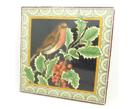 A Maw &amp; Co. Victorian transfer printed and hand coloured square tile depicting a robin and holly, 203mm