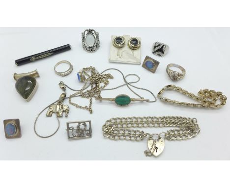 A pair of silver and opal set earrings, two silver bracelets, etc.