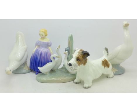 A Royal Doulton figure, Marie, a Carlton china dog figure and three Nao duck figures, (5)