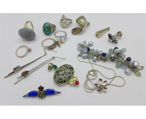 Silver and white metal jewellery and a silver and enamel RAF sweetheart brooch, enamel a/f