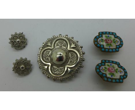 A pair of enamel and turquoise cuff buttons and a brooch and earring set, boxed