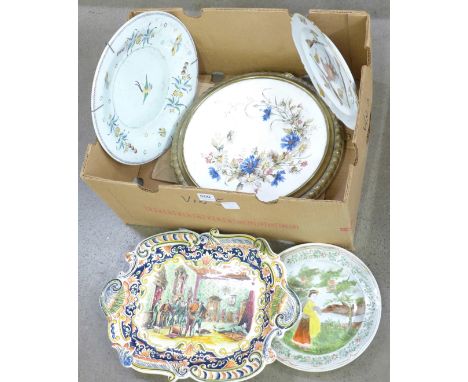 Decorative continental plates, a Villeroy and Boch enamel plate, gilt brass and ceramic cake stand, Reims plate, etc.