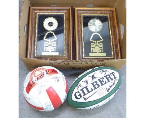 A signed Nottingham Forest football and a signed Nottingham Rugby ball and a Nottingham Forest clock and barometer