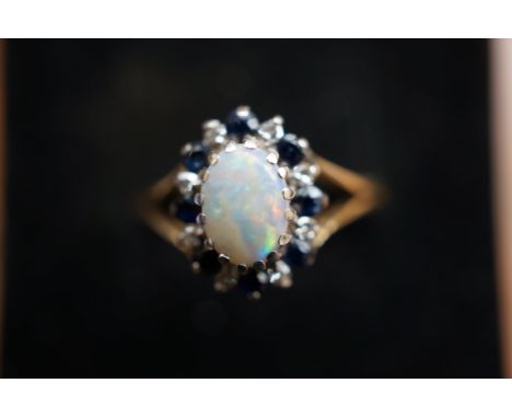 9ct gold ring set with opal sapphires &amp; diamonds size O