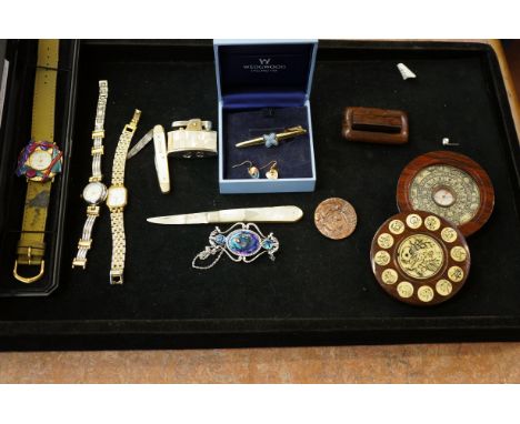 Wedgwood brooch, silver fruit knife, ronson lighter-A/F, snuff box, ladies watches , compass &amp; others 