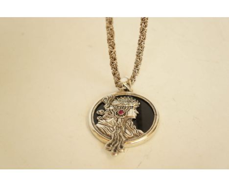 Silver art nouveau pendant &amp; chain (ruby stone)