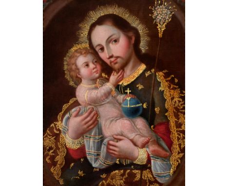 Luis Berrueco (Puebla, Mexico, early 18th century)"Saint Joseph with Child"Oil on canvas. Relined.63,5 x 49,5 cm.As the ARCA 