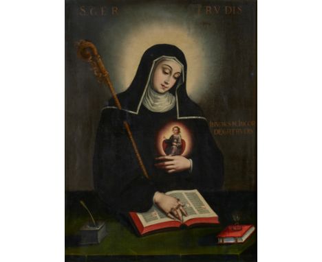 Juan Tinoco (Puebla de los Ángeles, 1641 - 1703)“Saint Gertrude the Great”.Oil on canvas.114 x 85 cm.The painting shows us a 