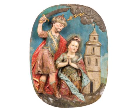 Bernardo de Legarda (Quito, Ecuador, circa 1770 - 1773)‘Martyrdom of Saint Barbara’.Carved, polychromed and gilded wooden rel