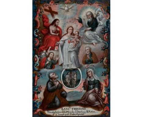 Antonio Vilca (Cuzco, Viceroyalty of Peru, active from 1778–1803)"The Holy Trinity, Our Lady of Mercy, and Other Saints" Oil 