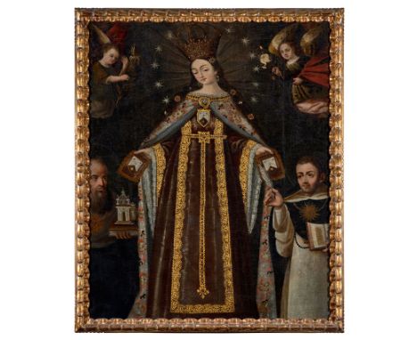 Viceregal School. Cuzco. Peru. 18th century."Our Lady of Mount Carmel giving her scapular to St. Augustine and St. Thomas Aqu
