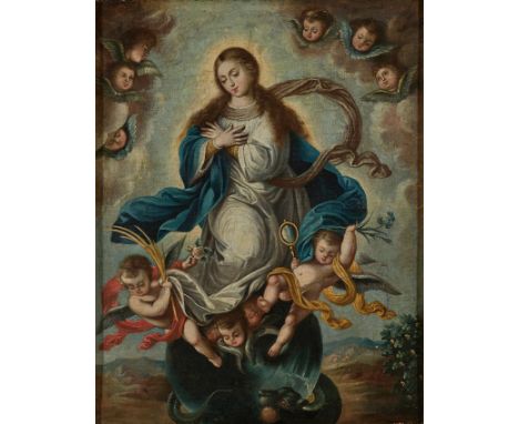 Antonio Jose Landaeta (active in Caracas, Venezuela, 1748 - 1799)“Immaculate Conception”Oil on canvas.51 x 40 cm.The Immacula