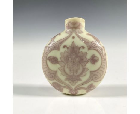 A Chinese glass snuff bottle, beautiful decorations of pink enamel lotus design; flat foot. Wide mouth without stopper. Dimen