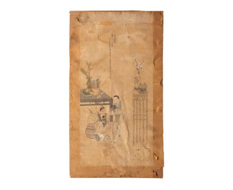 A vertical painting featuring a bearded man being offered wine. Tables decorated with vases and painting equipment. Chinese i