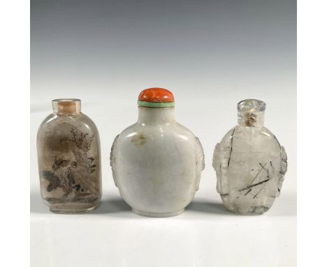 Three magnificent snuff bottles made from various stone, and glass. Peking glass snuff bottle without its stopper, painted to