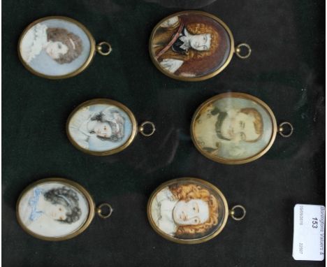 English School (19th century): A set of six portrait miniatures depicting various sitters through the ages, framed in good qu