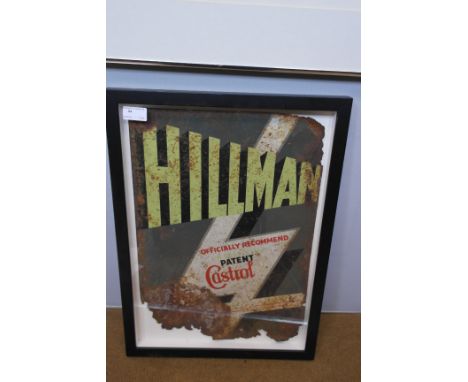 A vintage enamel sign "Hillman officially recommend patent Castrol" framed & glazed