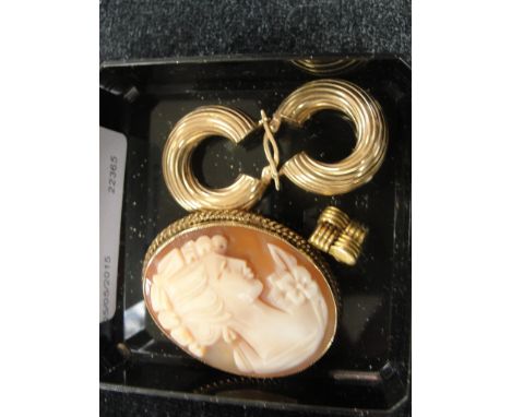 A pair of 9ct earrings; together with a pair of 9ct cufflinks and a cameo brooch