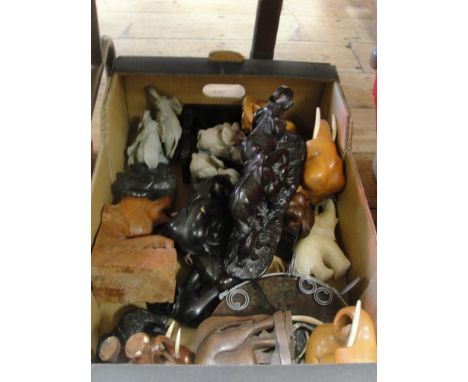 Two boxes of elephant ornaments to inc ceramic and wooden examples