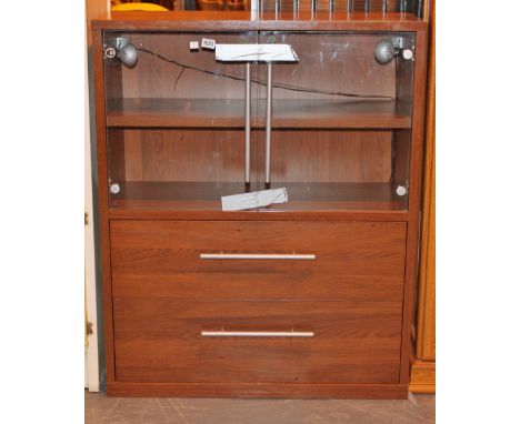 Modern mahogany effect glazed bookcase with interior light and two under drawers