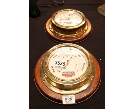 Woods Old Navy rum brass and wood advertising clock and barometer
