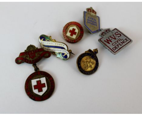 Various enamel badges including nursing