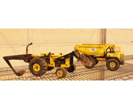 Pair of original Tonka Toys, a tipper truck and a tractor with shovel and digger