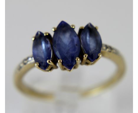 Limited edition 3 stone tanzanite ring in 9 ct gold, approx 2.2 ct with certificate, size R-S