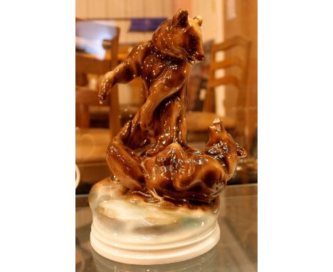 Zsolnay Pecs Hungarian ceramic of two fighting bears in brown colourway, no backstamp. H: 30 cm