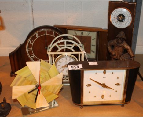 Five mixed movement mantle clocks and a decorative barometer