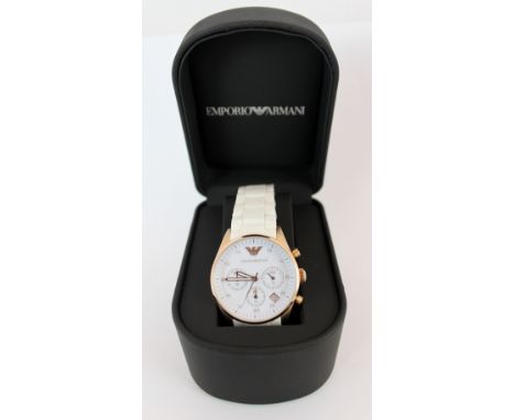 Emporio Armani gents watch, chronograph with white face and ceramic strap. New and boxed